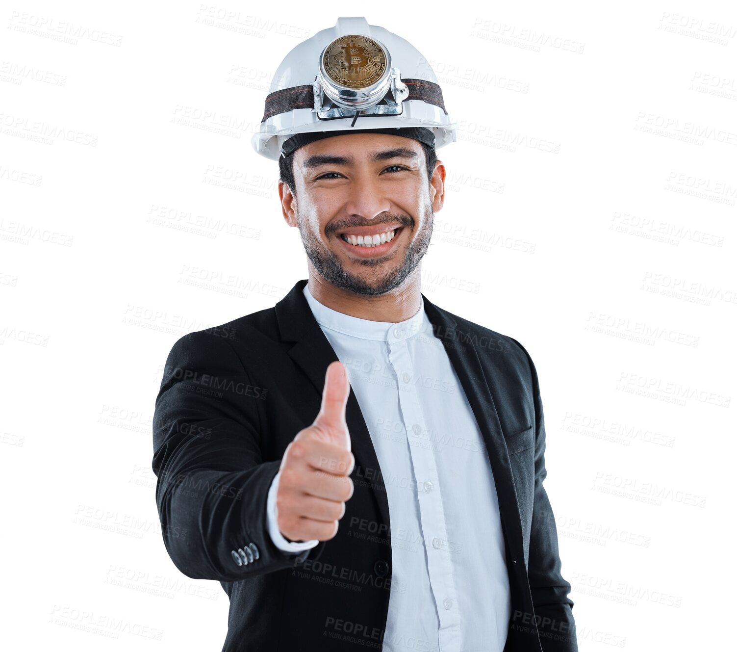 Buy stock photo Mining, thumbs up and face of business man with crypto success on isolated, transparent or png background. Cryptocurrency, finance or portrait of Asian guy captain smile for industry opportunity vote