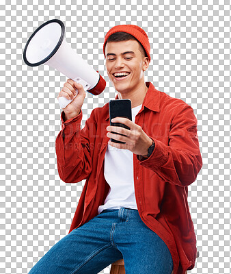 Megaphone, phone and young man with an announcement, good news and communication with technology. Bullhorn, cellphone and happy male model with casual fashion isolated by transparent png background.