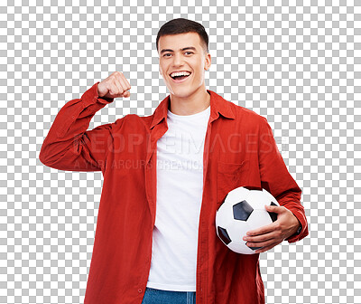 Man, winner and soccer ball for sports success, achievement and happy motivation. Portrait of young football player fist, power and winning goal or celebration isolated on transparent png background