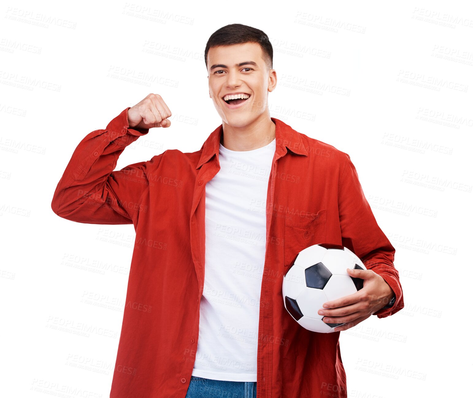 Buy stock photo Man, winner and soccer ball for sports success, achievement and happy motivation. Portrait of young football player fist, power and winning goal or celebration isolated on transparent png background