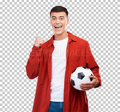 Buy stock photo Portrait, soccer ball and man with celebration, winning and sports isolated on a transparent background. Person, fan or happy guy with football, motivation and success with energy, achievement or png