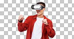 Man, virtual reality and futuristic glasses for gaming, metaverse fight and action games and fist. Young gamer in VR vision for esports challenge or competition isolated on transparent png background