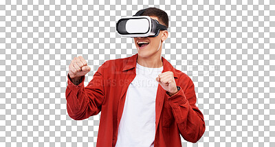 Man, virtual reality and futuristic glasses for gaming, metaverse fight and action games and fist. Young gamer in VR vision for esports challenge or competition isolated on transparent png background