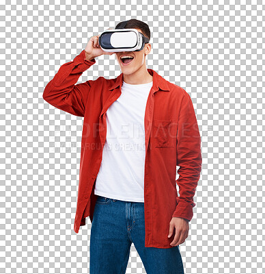 Man, wow and VR or futuristic glasses for 3d video, metaverse and user experience in digital world. Young person in virtual reality, vision and fantasy gaming isolated on a transparent png background
