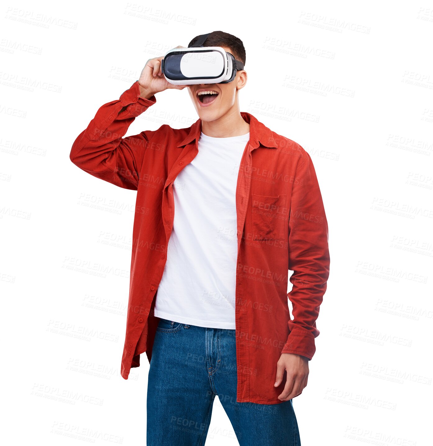 Buy stock photo Man, wow and VR or futuristic glasses for 3d video, metaverse and user experience in digital world. Young person in virtual reality, vision and fantasy gaming isolated on a transparent png background