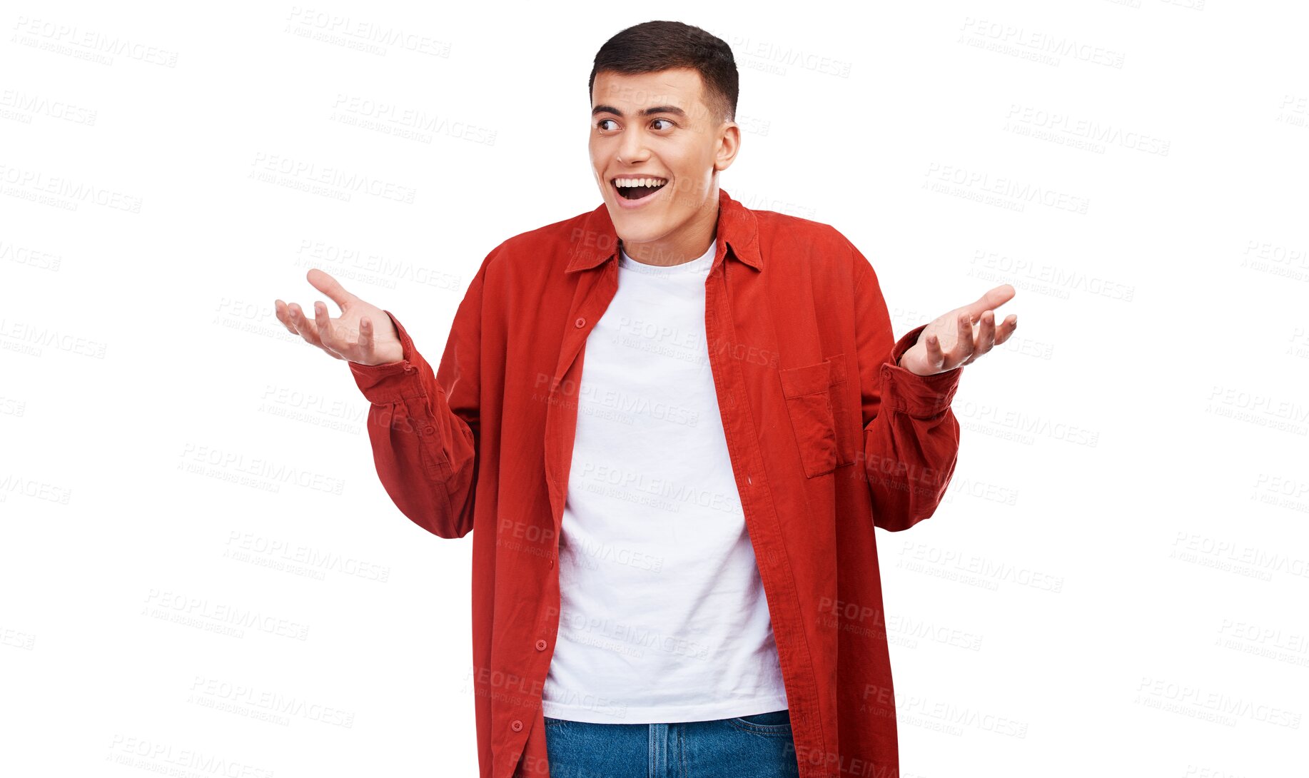 Buy stock photo Man, confused and questions with hands, thinking and isolated transparent png background. Doubtful, planning solution and decisions with why for announcement, unsure and choice for problem solving 