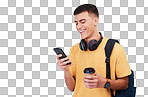 Man, student and phone with backpack for education chat, social media and e learning communication. Happy, young person on mobile for university, travel or news isolated on transparent png background