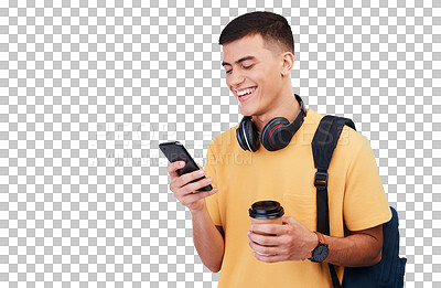Man, student and phone with backpack for education chat, social media and e learning communication. Happy, young person on mobile for university, travel or news isolated on transparent png background