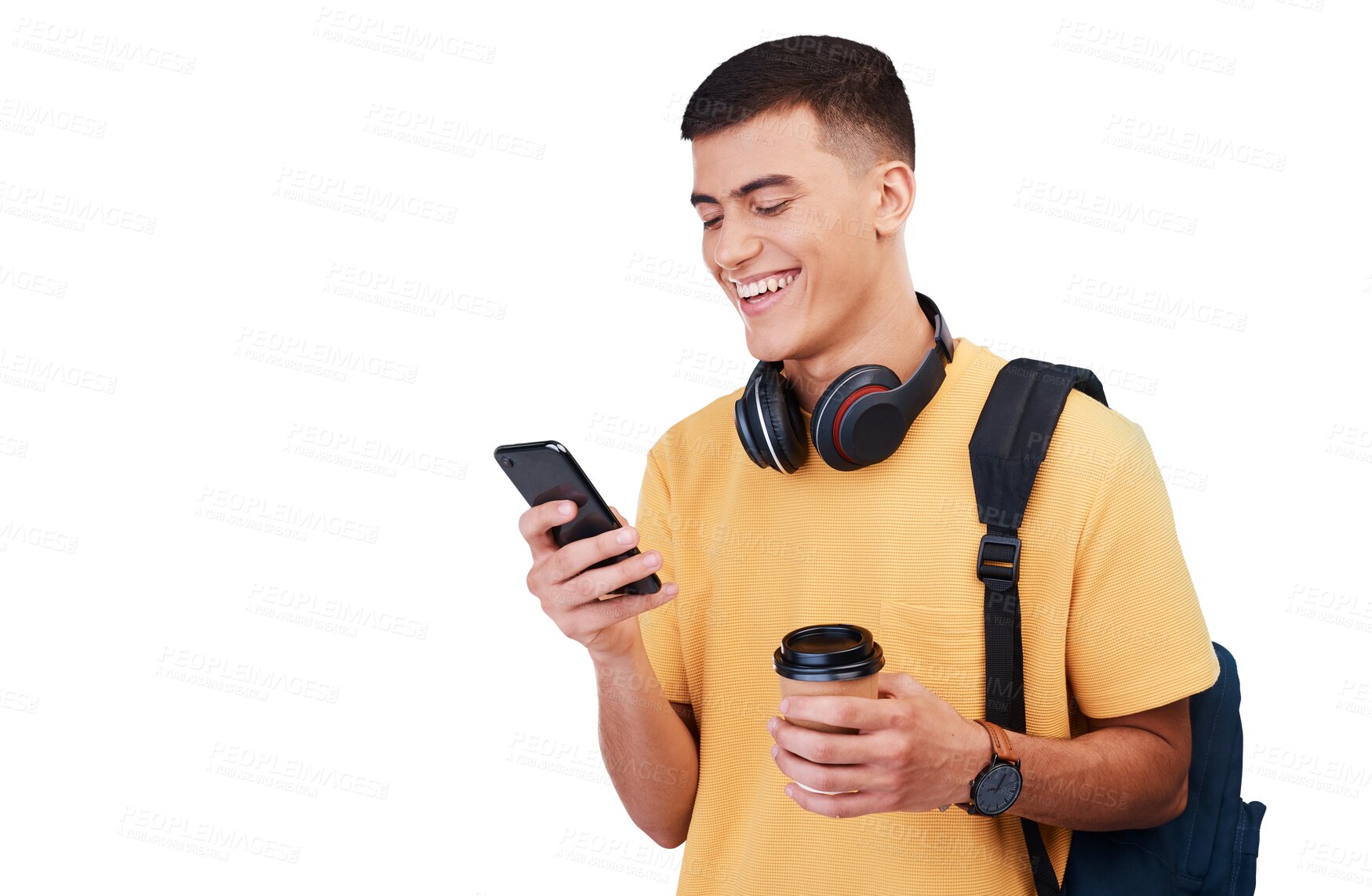 Buy stock photo Man, student and phone with backpack for education chat, social media and e learning communication. Happy, young person on mobile for university, travel or news isolated on transparent png background