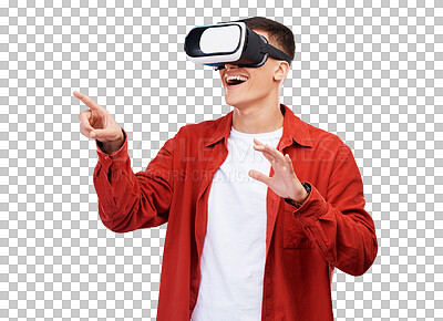 Buy stock photo Man, student press and VR glasses for online education, 3d learning or digital gaming in metaverse. Person wow for virtual reality with finger or touch screen isolated on transparent png background