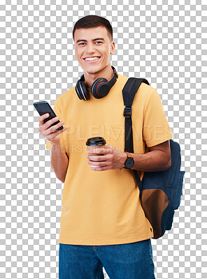 Happy man, portrait and student with phone in social media or communication isolated against a transparent PNG background. Male person smile with coffee, backpack and mobile smartphone for networking
