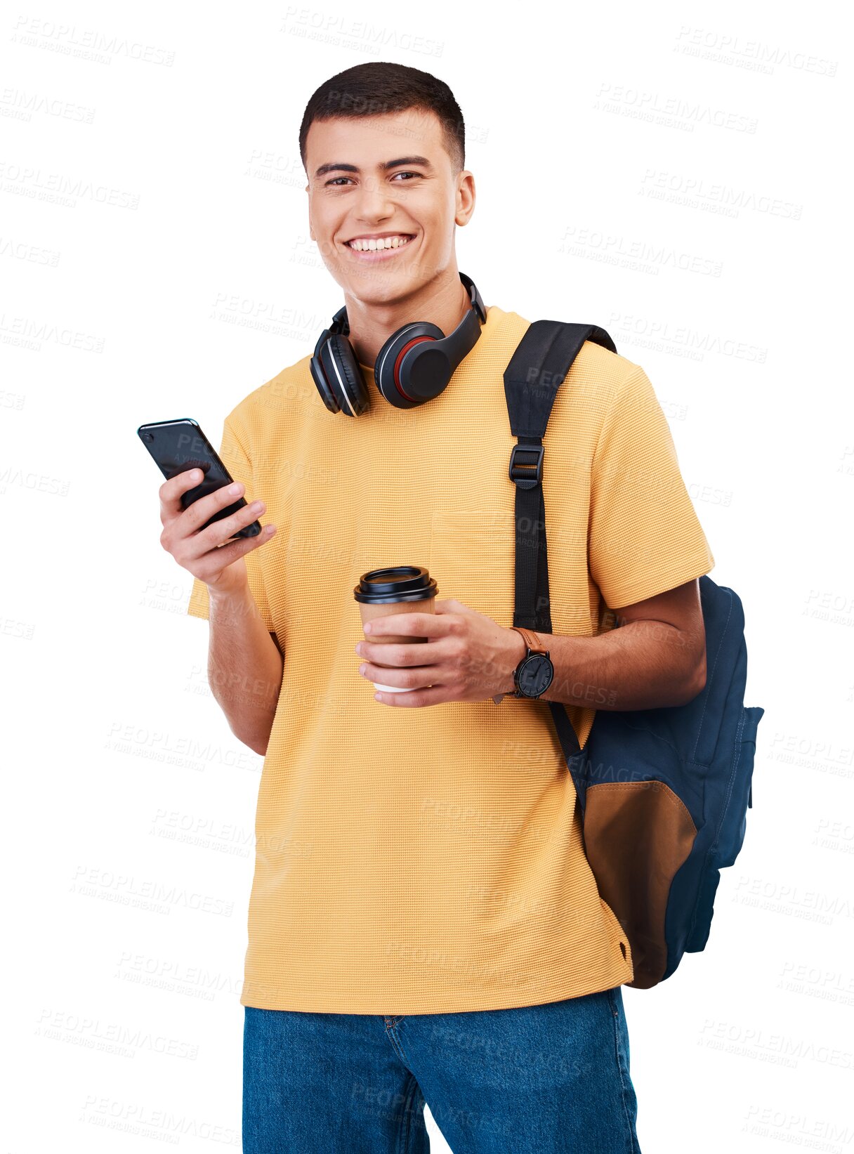 Buy stock photo Happy man, portrait and student with phone in social media or communication isolated against a transparent PNG background. Male person smile with coffee, backpack and mobile smartphone for networking