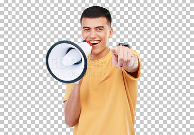 Buy stock photo Young man, megaphone and pointing you in announcement, broadcast or join us for winning opportunity. Face of person with winner choice, competition or decision isolated on transparent png background