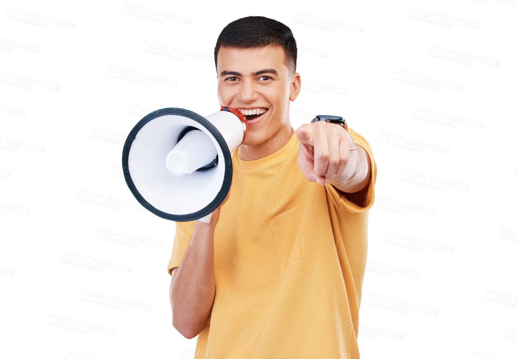 Buy stock photo Young man, megaphone and pointing you in announcement, broadcast or join us for winning opportunity. Face of person with winner choice, competition or decision isolated on transparent png background