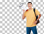 Megaphone, portrait and young man with an announcement, good news and communication with bag. Bullhorn, smile and happy male model with casual and cool fashion isolated by transparent png background.