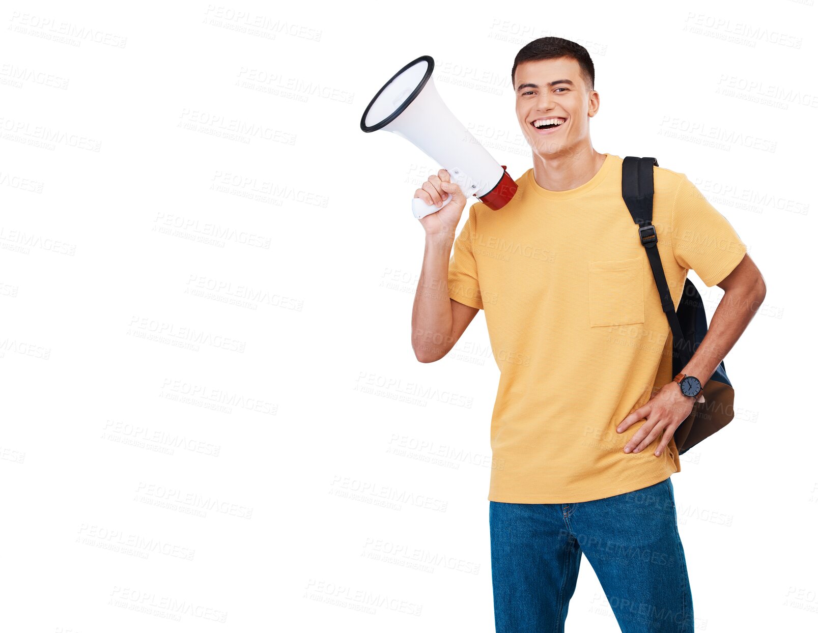 Buy stock photo Megaphone, portrait and young man with an announcement, good news and communication with bag. Bullhorn, smile and happy male model with casual and cool fashion isolated by transparent png background.