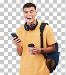 Happy man, portrait and student with phone for good news or communication isolated against a transparent PNG background. Male person smile with coffee, backpack or mobile smartphone app in networking