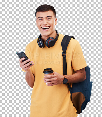 Happy man, portrait and student with phone for good news or communication isolated against a transparent PNG background. Male person smile with coffee, backpack or mobile smartphone app in networking