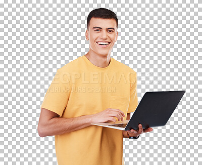Face, happy man and laptop for education, university and learning in studio on transparent png background. Portrait, student and person with tech for research and information to study at college