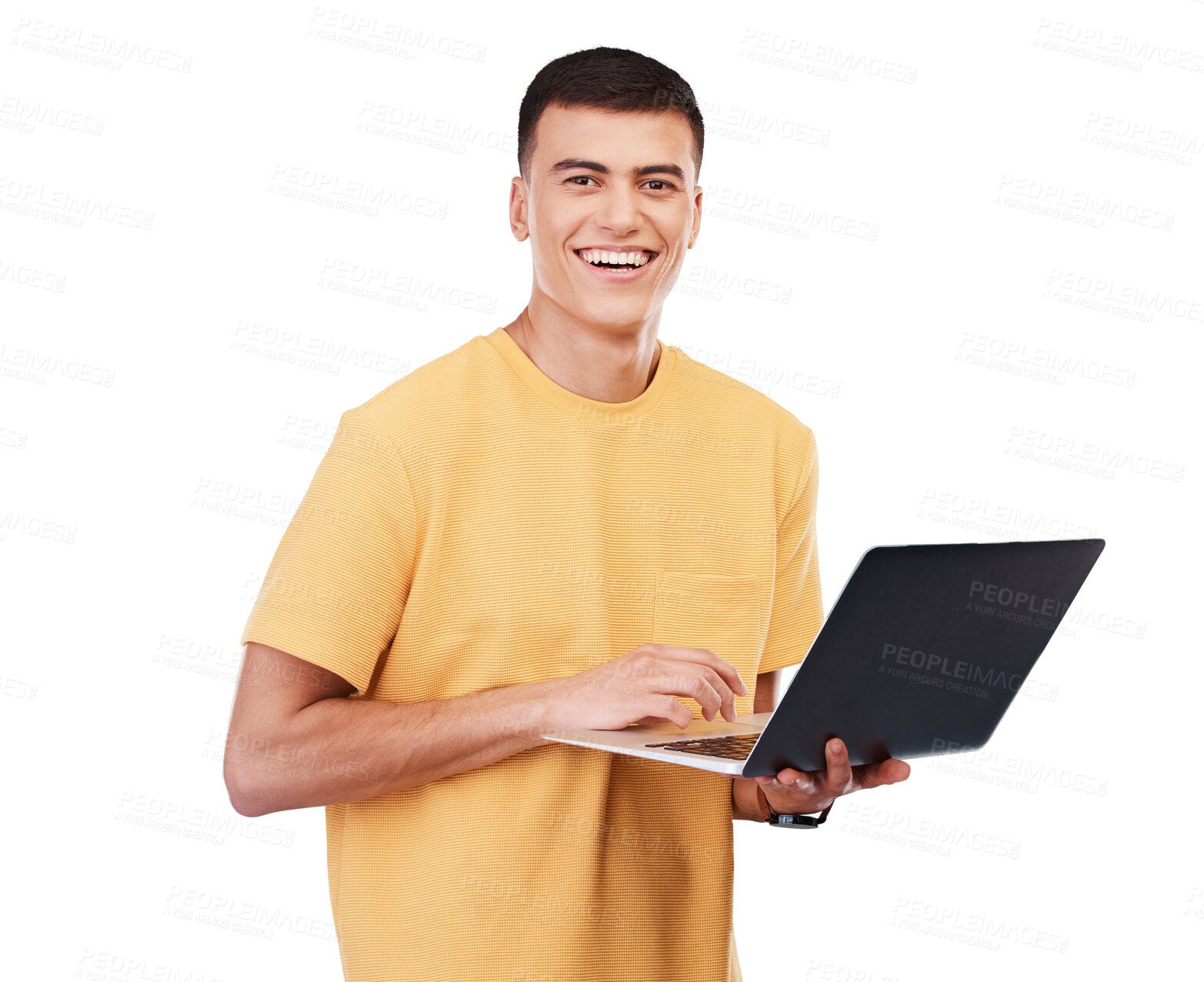 Buy stock photo Face, happy man and laptop portrait for education, university and learning on transparent png background. Internet, student and person with tech for research and information to study at college