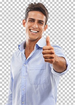 Buy stock photo Portrait, smile and man with thumbs up, support and agreement on a transparent background. Face, person and model with hand gesture, motivation or like with icon, emoji or png with feedback or review