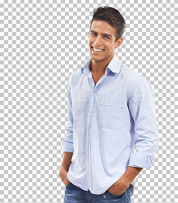 Buy stock photo Fashion, happiness and face of man in studio with trendy and cool shirt or clothes isolated on png transparent background. Portrait, smile and person with hand in pocket for confident and outfit