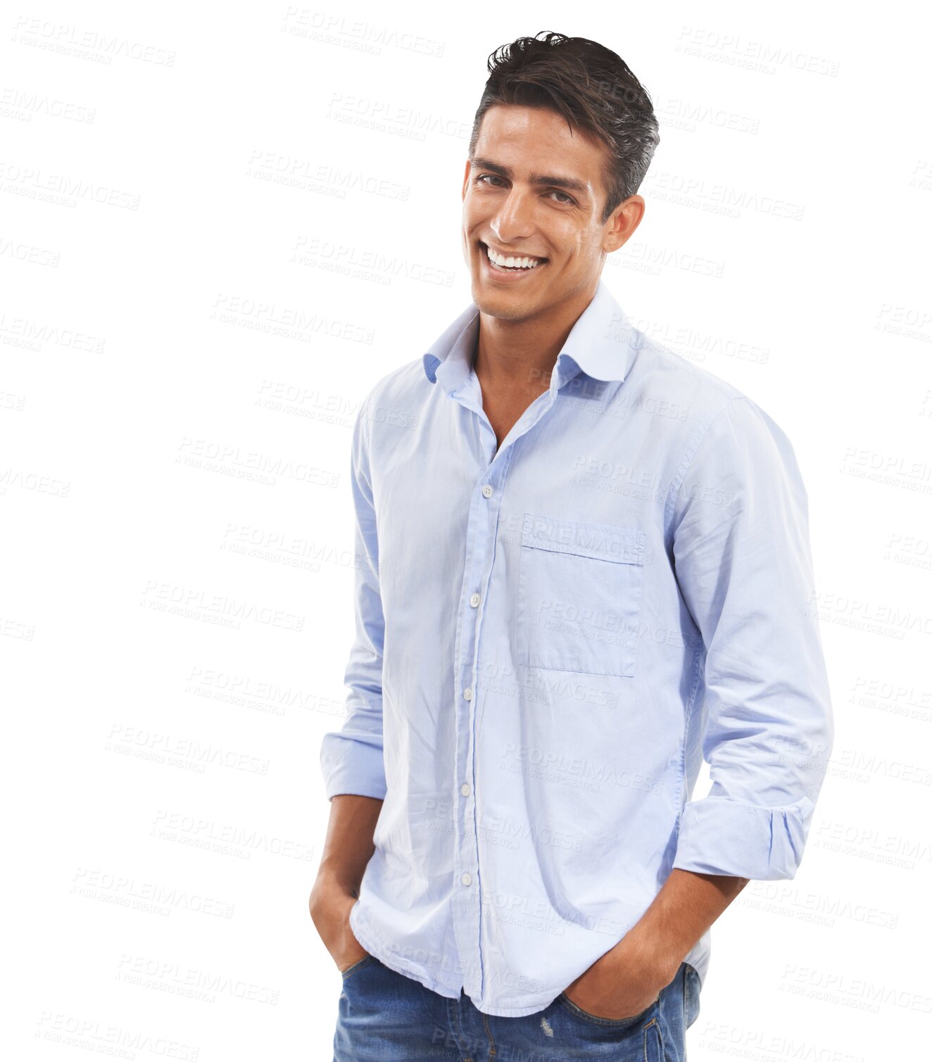 Buy stock photo Fashion, happiness and face of man in studio with trendy and cool shirt or clothes isolated on png transparent background. Portrait, smile and person with hand in pocket for confident and outfit