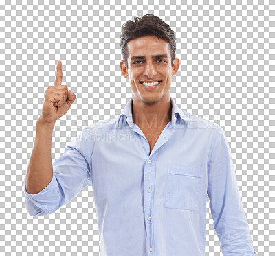 Buy stock photo Pointing, question and portrait of businessman with direction, vote or an answer. Happy, corporate and a male employee with a gesture or finger for a decision isolated on a transparent png background