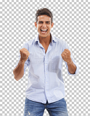 Buy stock photo Portrait, excited and celebration of man for winning, success and achievement of goal. Happy person celebrate good news, bonus or promotion for lottery prize isolated on a transparent png background