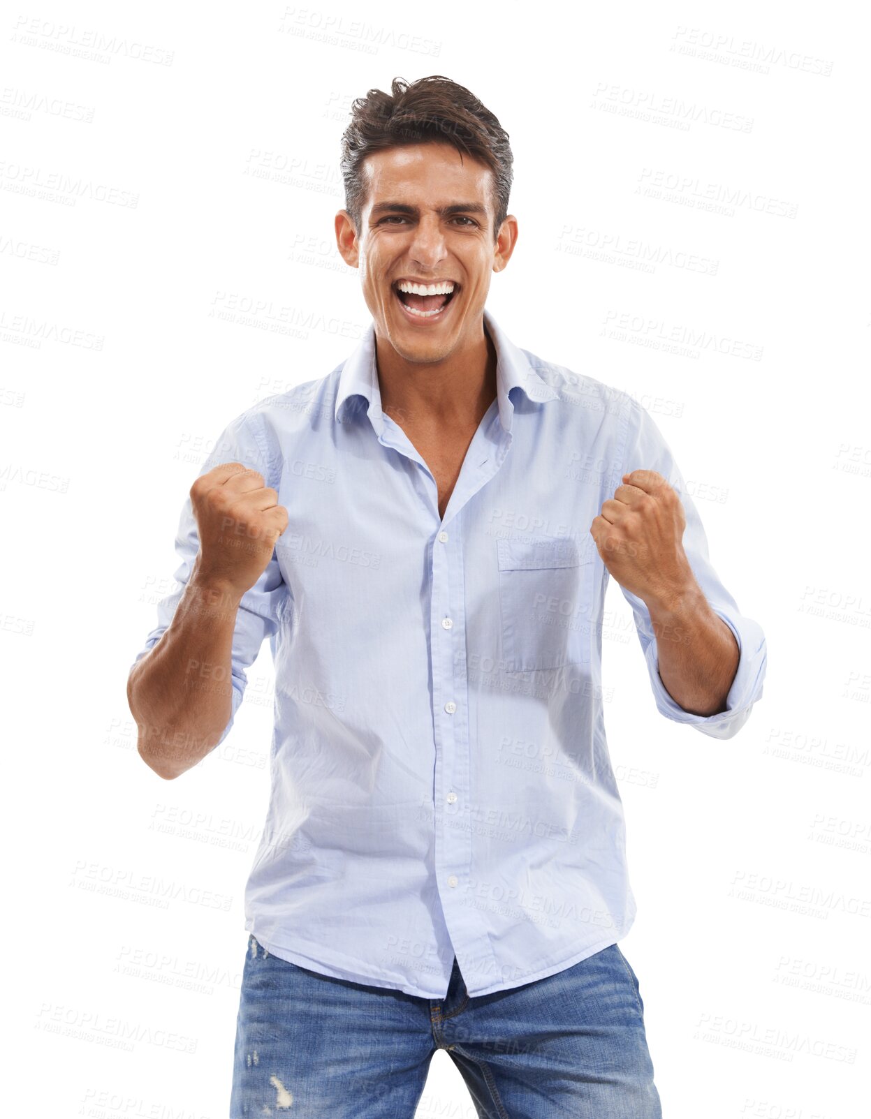 Buy stock photo Portrait, excited and celebration of man for winning, success and achievement of goal. Happy person celebrate good news, bonus or promotion for lottery prize isolated on a transparent png background