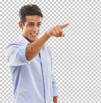 Buy stock photo Pointing, looking and a man with a finger for direction, attention and a decision. Smile, young and a person or model with a gesture to show a choice while isolated on a transparent png background