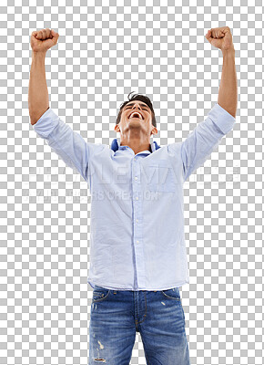 Buy stock photo Man, winning and celebration of success or achievement in entrepreneurship on isolated, transparent or png background. Businessman, happiness and cheering for win in lottery or competition with goals