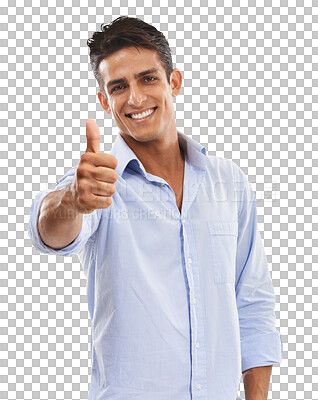 Buy stock photo Man, thumbs up and face, agreement or vote with support and smile, happy with feedback or review. Thank you, winner and hand for success with yes or like emoji isolated on png transparent background