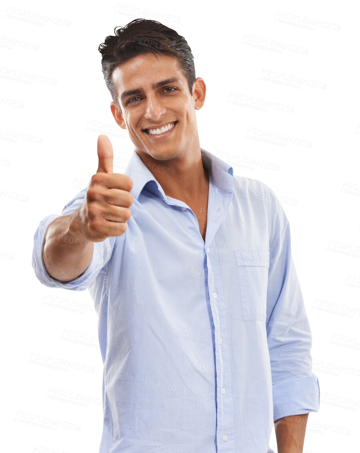 Buy stock photo Man, thumbs up and face, agreement or vote with support and smile, happy with feedback or review. Thank you, winner and hand for success with yes or like emoji isolated on png transparent background