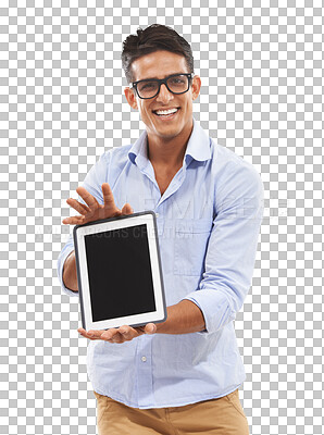 Buy stock photo Isolated man, blank tablet and portrait for smile, presentation or mockup space by transparent png background. Web design expert, digital touchscreen and happy with application, website or show ux