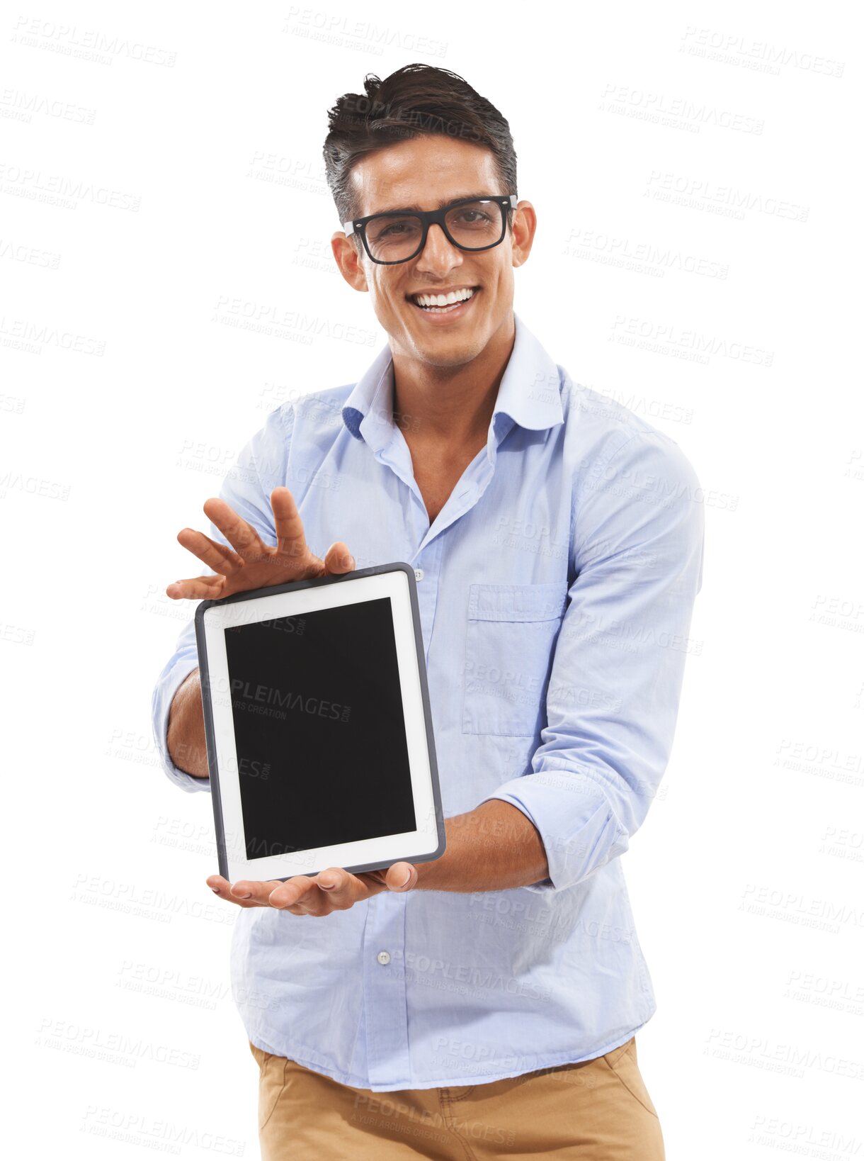 Buy stock photo Isolated man, blank tablet and portrait for smile, presentation or mockup space by transparent png background. Web design expert, digital touchscreen and happy with application, website or show ux