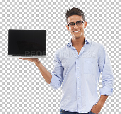 Buy stock photo Portrait, laptop and display with an engineer man isolated on transparent background for coding or programming. Computer, screen and smile with a happy young IT support professional on PNG for repair