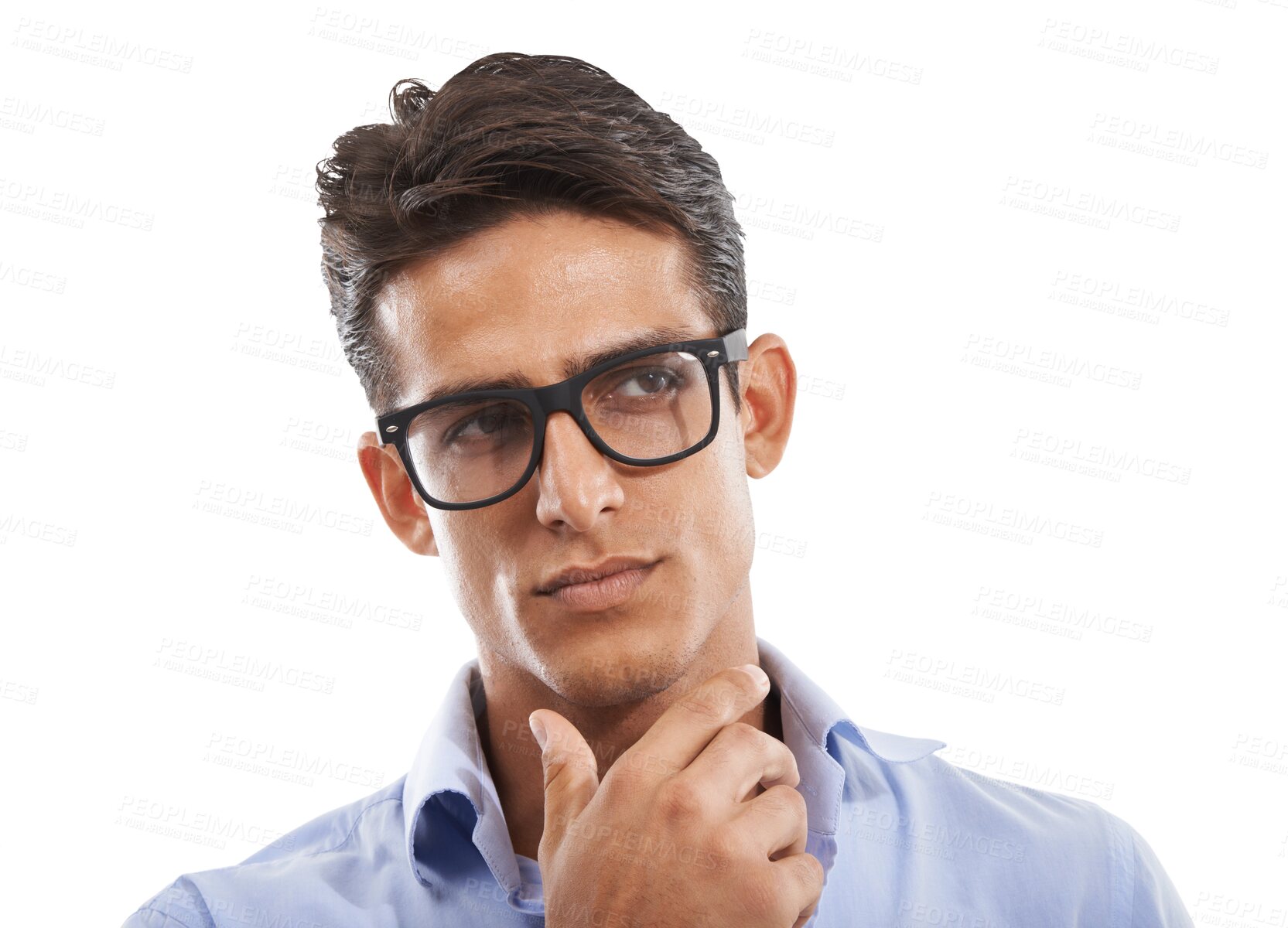 Buy stock photo Person, hand and chin with idea for thinking, decision or problem solving of options. Man, model or isolated on a transparent png background with gesture, brainstorming or question expression on face