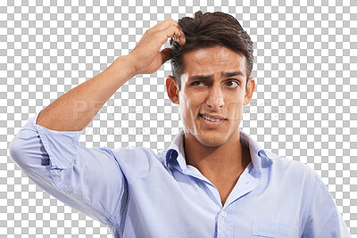 Buy stock photo Confused man, scratching head and doubt for decision or choice isolated on a transparent png background. Male model, hand and question for solution or mistake with stress for explanation for problem
