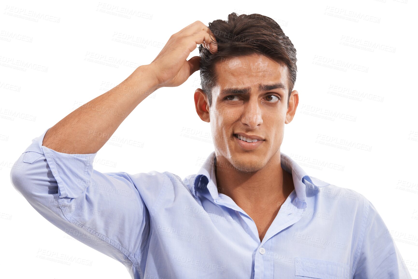 Buy stock photo Confused man, scratching head and doubt for decision or choice isolated on a transparent png background. Male model, hand and question for solution or mistake with stress for explanation for problem
