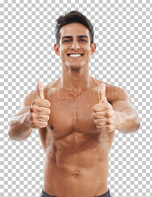 Buy stock photo Happy man, portrait and fitness with thumbs up in winning isolated on a transparent PNG background. Male person smile with like emoji, yes sign or OK for body building, sports exercise or lose weight