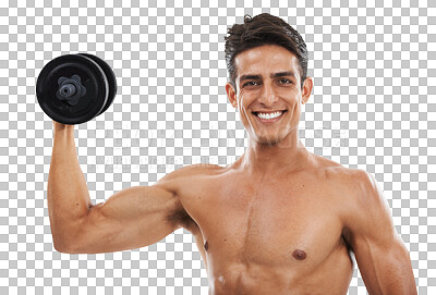 Buy stock photo Isolated man, dumbbell and portrait for exercise, training and wellness for muscle by transparent png background. Fitness, bodybuilder and weight lifting for performance, workout and healthy body