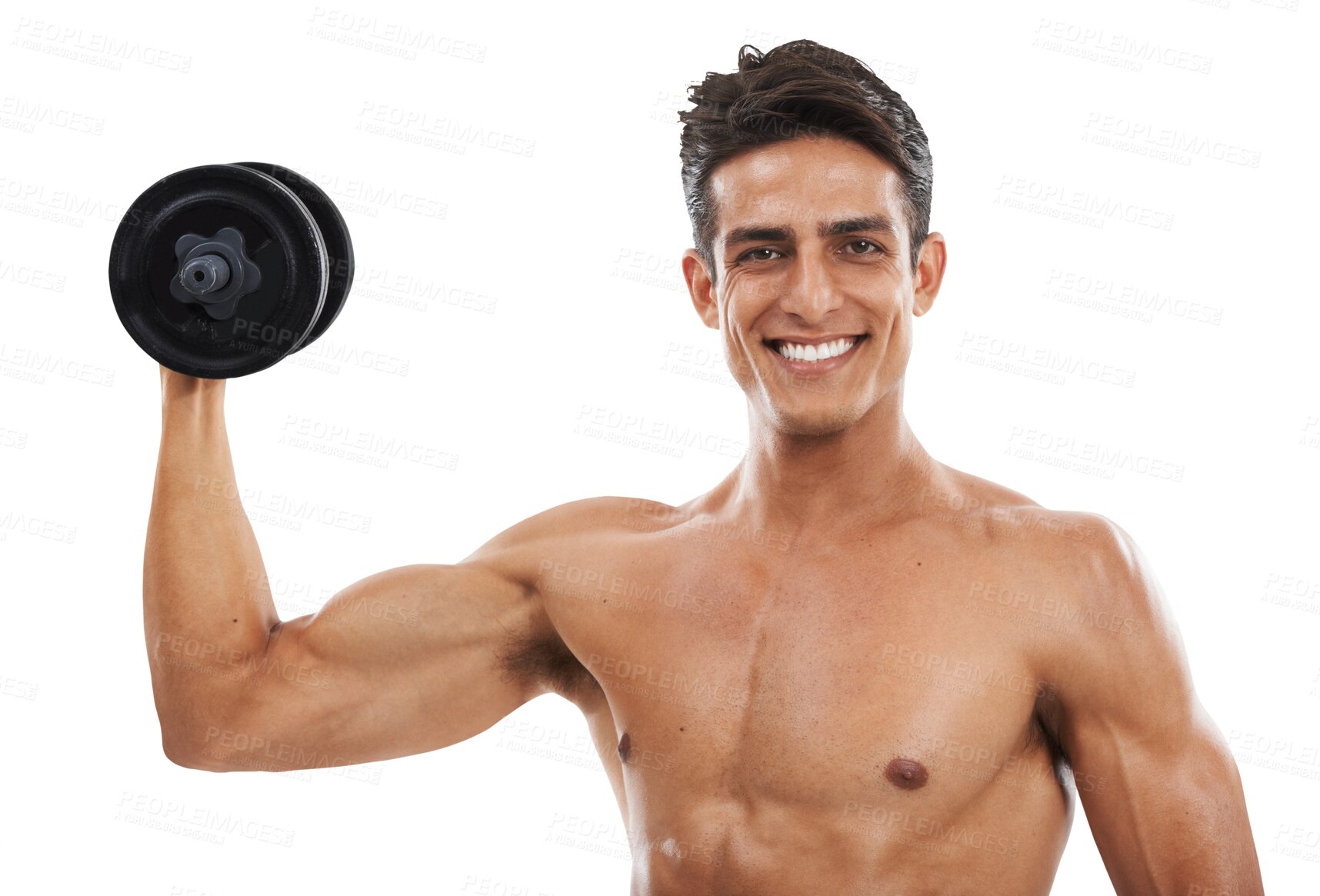 Buy stock photo Isolated man, dumbbell and portrait for exercise, training and wellness for muscle by transparent png background. Fitness, bodybuilder and weight lifting for performance, workout and healthy body