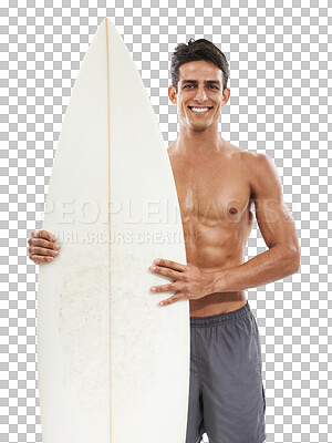 Buy stock photo Portrait, surfboard and the body of a sports man isolated on a transparent background for fitness. Exercise, smile and a happy young shirtless surfer on PNG for a training workout or leisure hobby