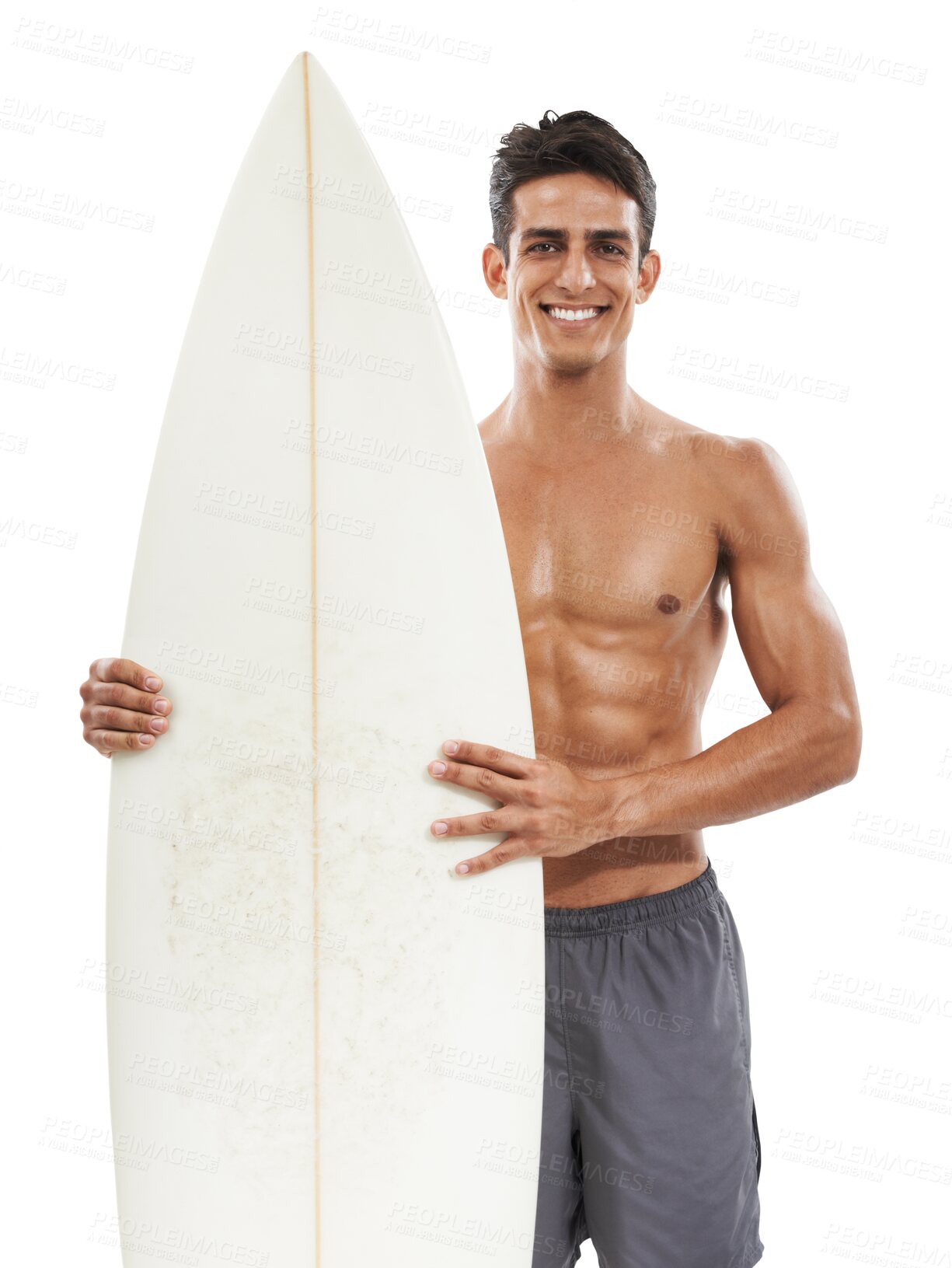 Buy stock photo Portrait, surfboard and the body of a sports man isolated on a transparent background for fitness. Exercise, smile and a happy young shirtless surfer on PNG for a training workout or leisure hobby