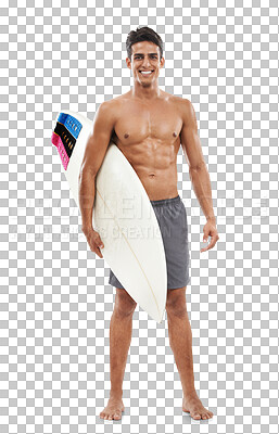 Buy stock photo Portrait, surfboard and shirtless with a sports man isolated on transparent background for fitness. Exercise, smile and the body of a happy young surfer on PNG for a training workout or leisure hobby