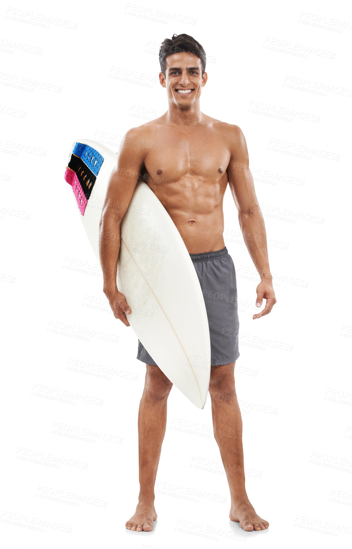 Buy stock photo Portrait, surfboard and shirtless with a sports man isolated on transparent background for fitness. Exercise, smile and the body of a happy young surfer on PNG for a training workout or leisure hobby