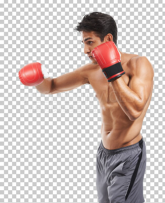 Buy stock photo Isolated man, profile and gloves for training, power or performance for fight by transparent png background. Martial arts, mma expert or athlete for punch, exercise or workout with vision for contest