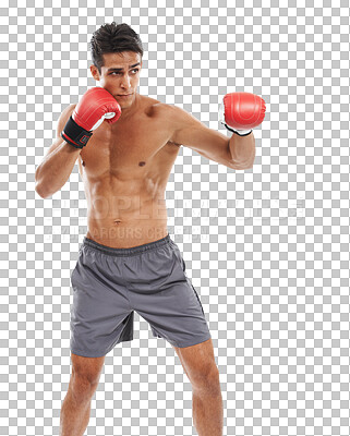 Buy stock photo Boxer, fight and man with fitness, exercise and competition isolated on a transparent background. Person, athlete and model with gloves, training for a match and practice with workout, png and health