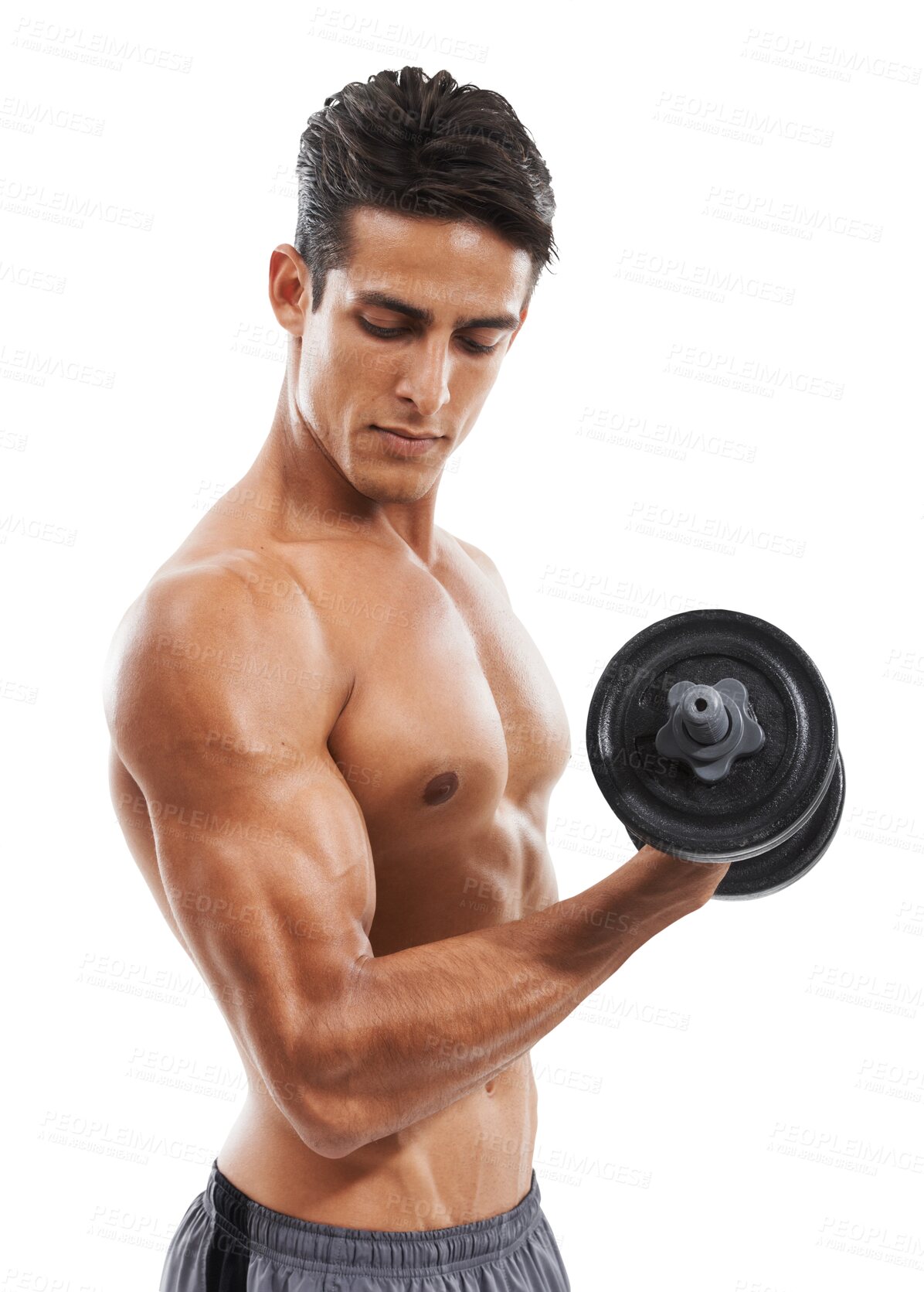 Buy stock photo Fitness, man and muscle with dumbbell in hand for training, exercise or workout isolated on transparent png background. Bodybuilder, person and strong for wellness, gym and body in studio with abs